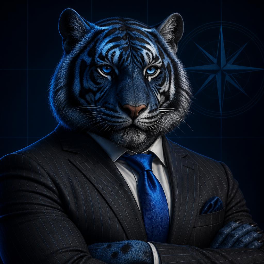Concept art of the Meridian Tiger, a blue and black tiger in an executive suit